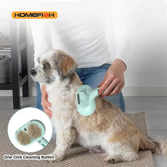 Steam dog brush for shedding being used on a small dog, featuring a one click cleaning button for easy maintenance.