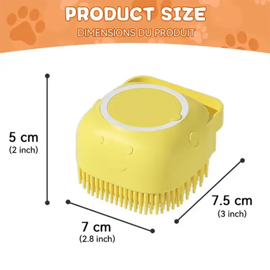 Product size of Pet Bath Brush silicone showing dimensions of 5 cm, 7 cm, and 7.5 cm for dog and cat grooming.