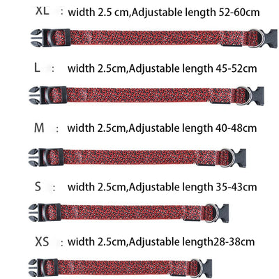 LED dog collar with stylish leopard print, glowing in various colors, displayed on a dog figure.