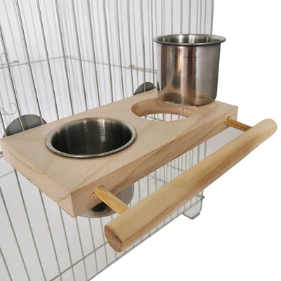 Bird Perch Feeder Wooden Stand Detachable Stainless Steel Feeding Cups Food Water Bowls for Parrot Macaws Lovebirds Cockatoos