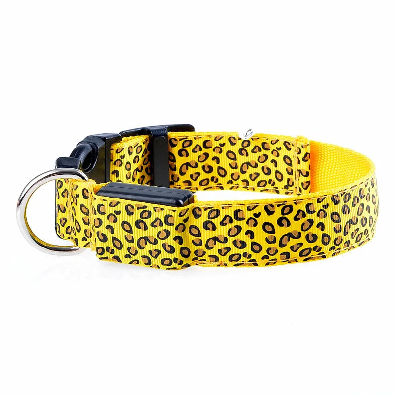 Stylish leopard print LED dog collar in yellow with buckle closure and metal D-ring.