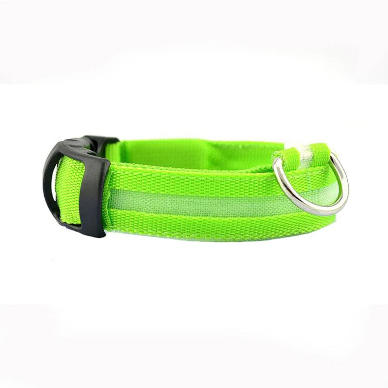 LED dog collar with stylish leopard print, glowing in various colors, displayed on a dog figure.