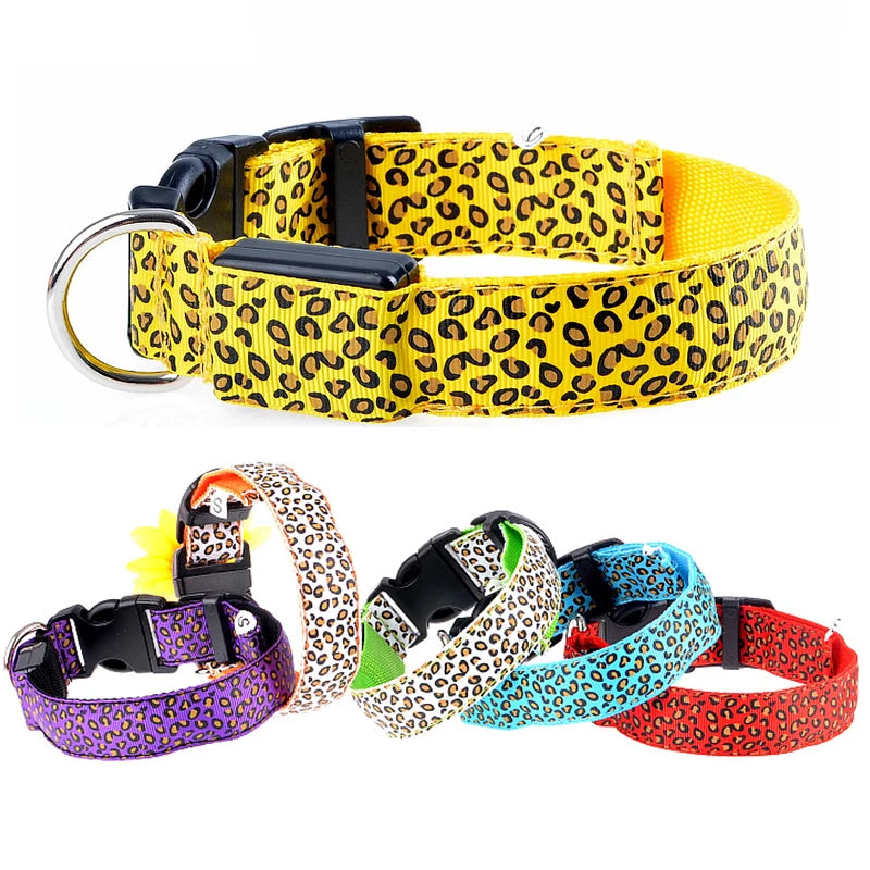 Stylish leopard print LED dog collars in various colors including yellow, purple, red, and blue.