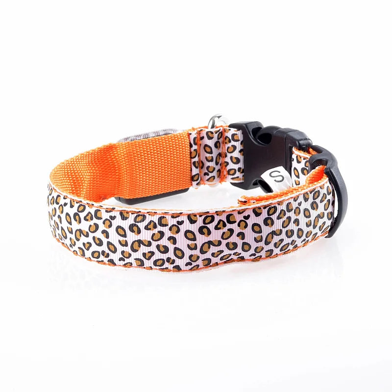 LED dog collar with stylish leopard print, glowing in various colors, displayed on a dog figure.