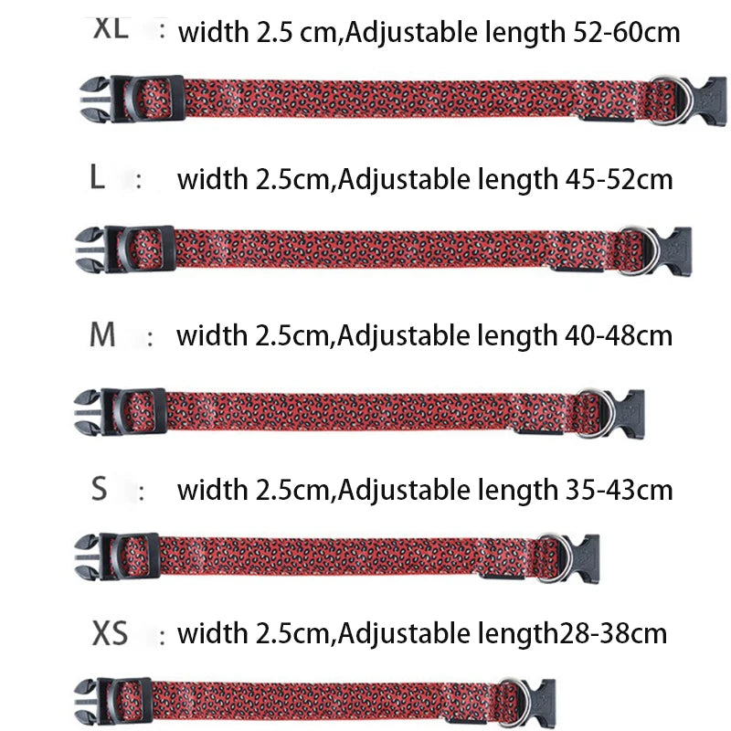 LED dog collar with stylish leopard print, glowing in various colors, displayed on a dog figure.