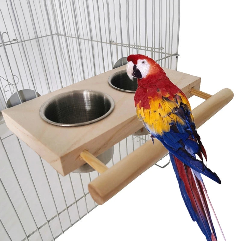 Bird Perch Feeder Wooden Stand Detachable Stainless Steel Feeding Cups Food Water Bowls for Parrot Macaws Lovebirds Cockatoos