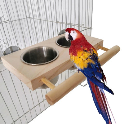 Bird Perch Feeder Wooden Stand Detachable Stainless Steel Feeding Cups Food Water Bowls for Parrot Macaws Lovebirds Cockatoos