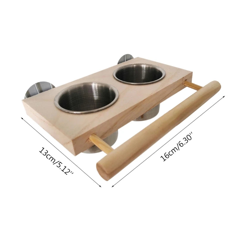 Bird Perch Feeder Wooden Stand Detachable Stainless Steel Feeding Cups Food Water Bowls for Parrot Macaws Lovebirds Cockatoos