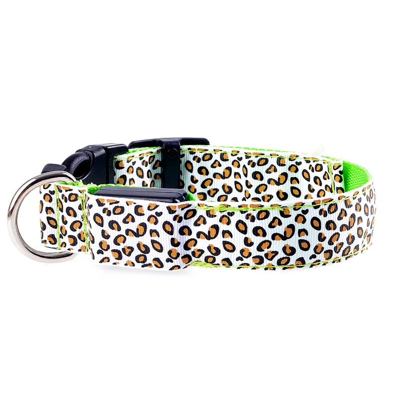 Stylish leopard print LED dog collar featuring a durable buckle and vibrant design suitable for pets.