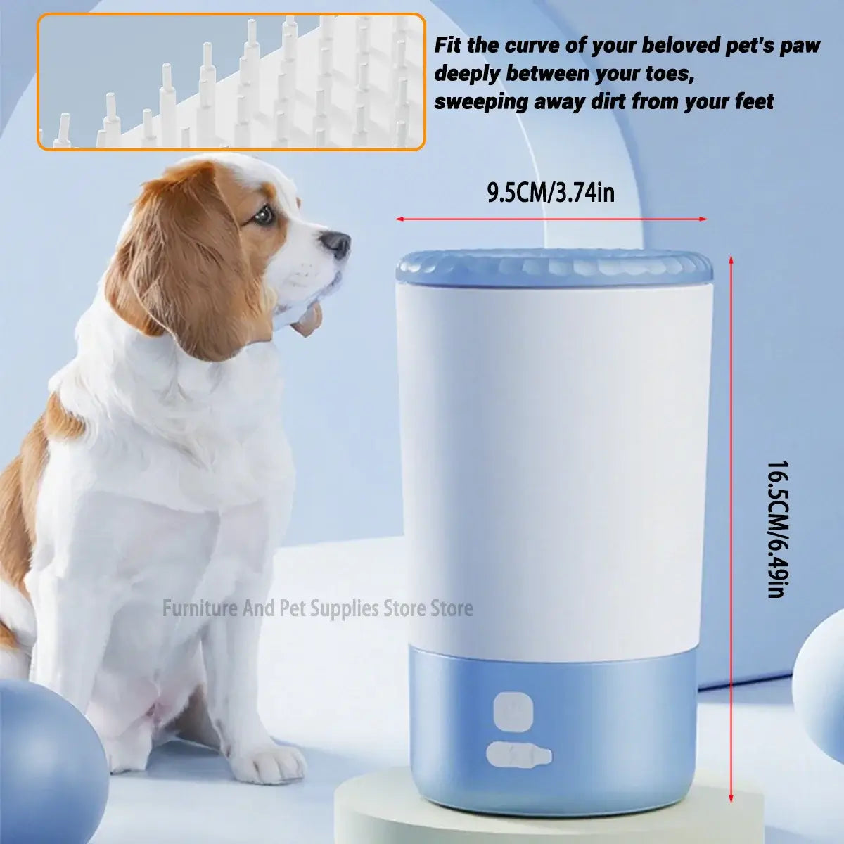 Electric pet paw cleaner designed for deep cleaning between pet's toes, shown with a dog and product dimensions.