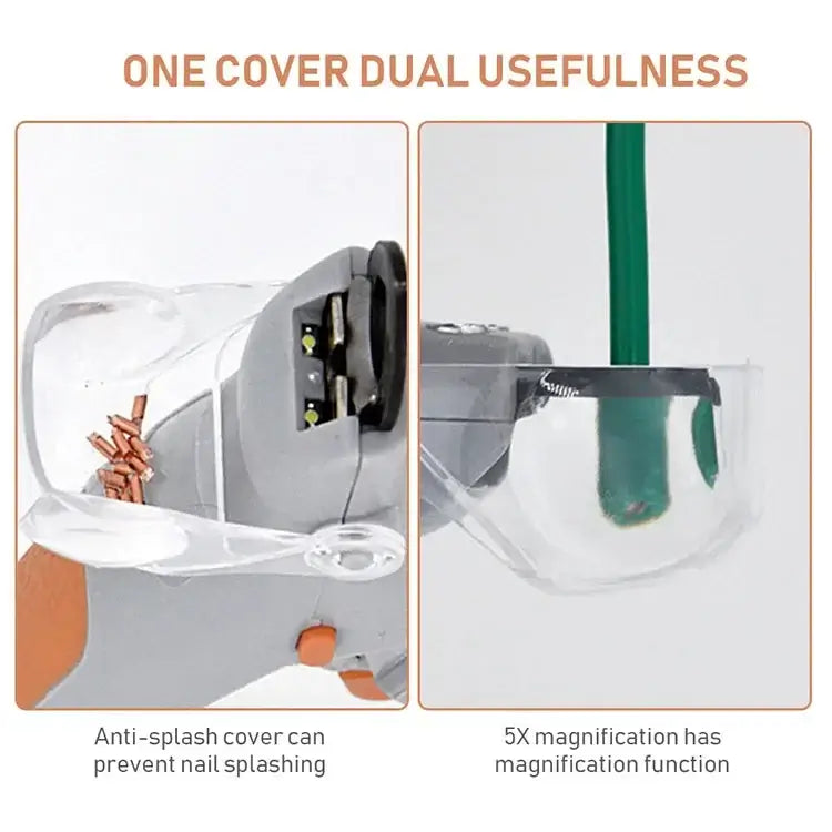 Pet nail clipper scissors with LED light showing anti-splash cover and magnification feature.