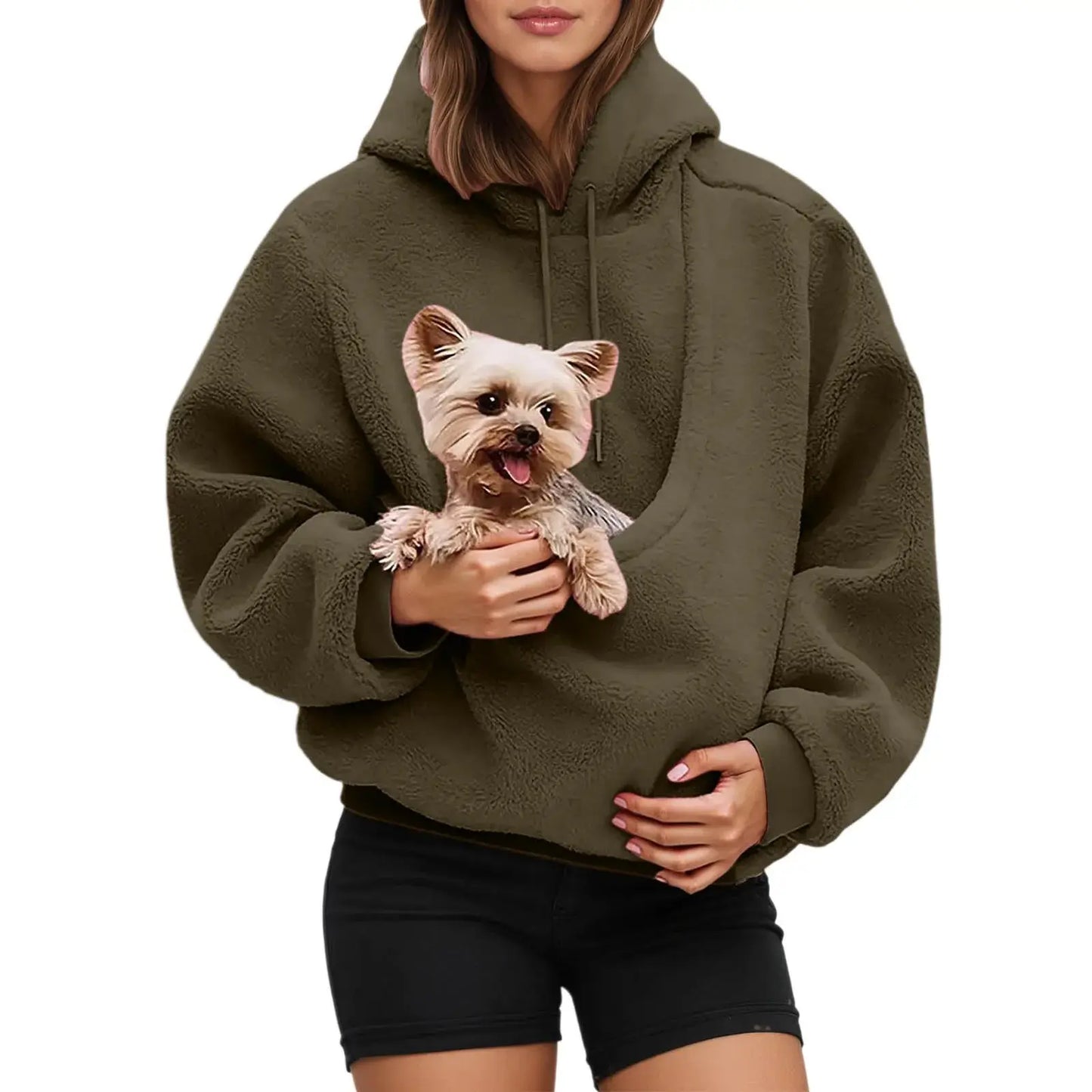 Unisex Pet Carrier Hoodie Cat Dog Bag Long Sleeve Sweatshirt Multiple Colors Plush Daily Wear Fashion Accessory with a dog.