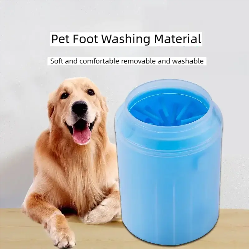 Pet Paw Wash cup for Dogs & Cats displayed next to a happy dog, showcasing its soft and comfortable design.