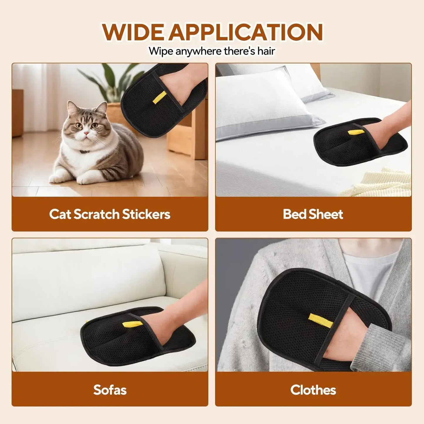 Pet Hair Remover Gloves for removing hair from cat scratch stickers, bed sheets, sofas, and clothes.