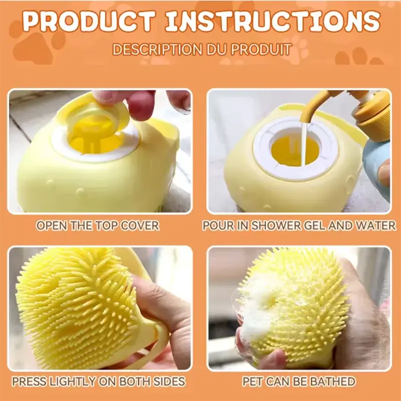 Product instructions for pet bath brush silicone, showing steps to open, pour, and use the grooming tool.