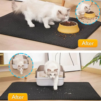 Cat litter mat with honeycomb design, non-slip surface, and a cat walking out of a litter box.