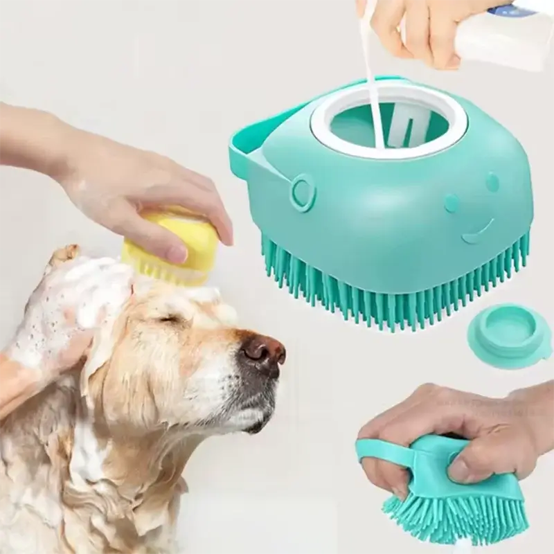 Pet bath brush silicone for dog grooming, featuring a hand-held design and suds for effective washing.