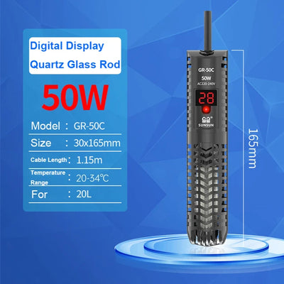 SUNSUN Aquarium Submersible Heater Fish Tank Quartz Glass LCD Display 220V Digital Heating Rod Constant Temperature Control 200W
