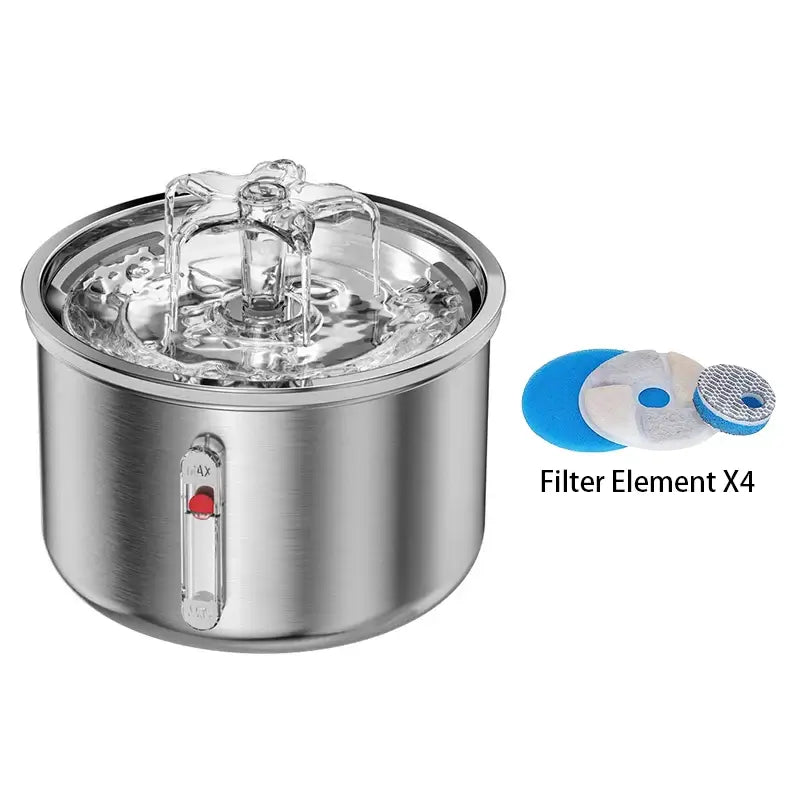Stainless Steel Pet Water Fountain – Automatic & Quiet with water flow and filter elements shown.
