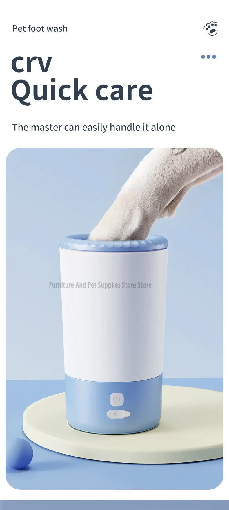 Electric pet paw cleaner in use, showing a pet's paw being washed in the device with a light blue and white color scheme.