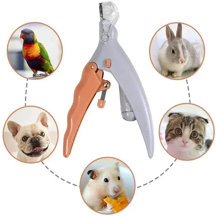 Pet nail clipper scissors with LED light surrounded by various pets including a parrot, rabbit, dog, cat, and hamster.