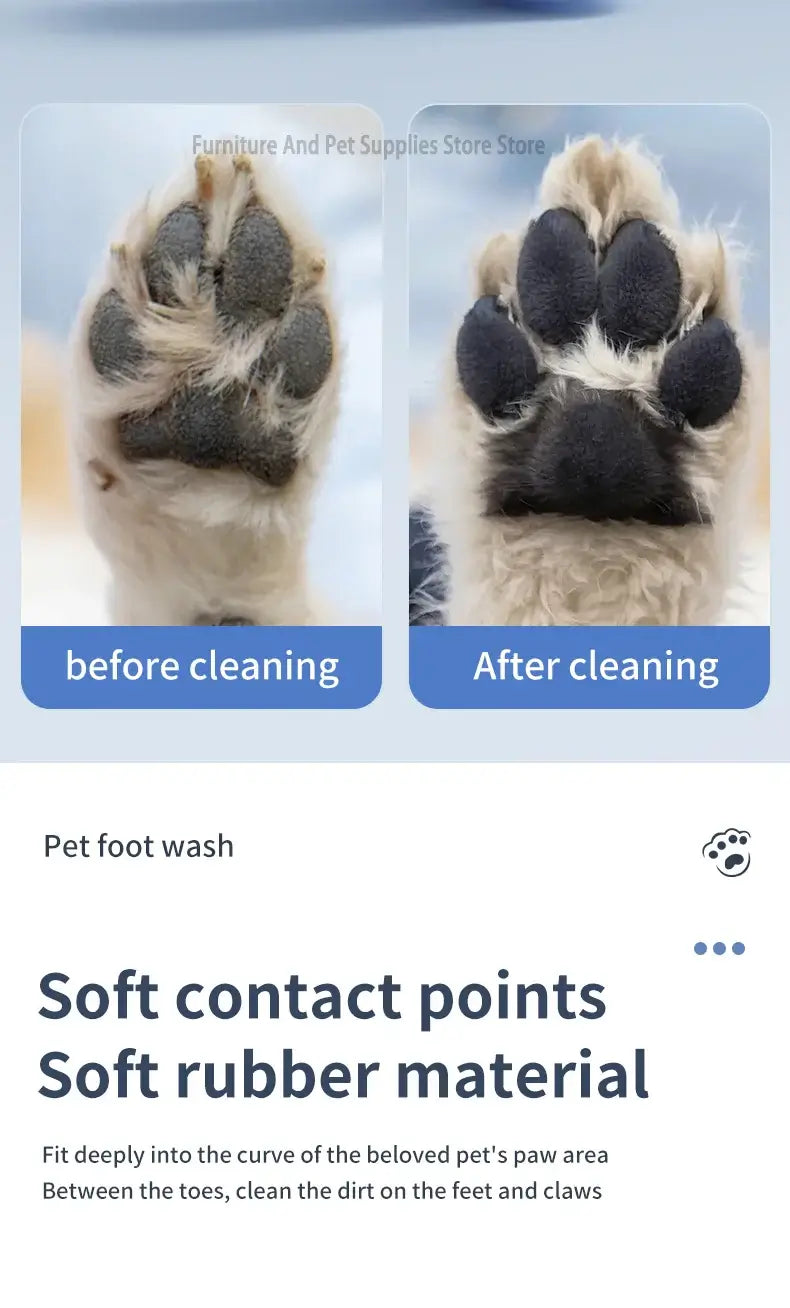 Side-by-side image of a pet's paw before cleaning and after using electric pet paw cleaner.