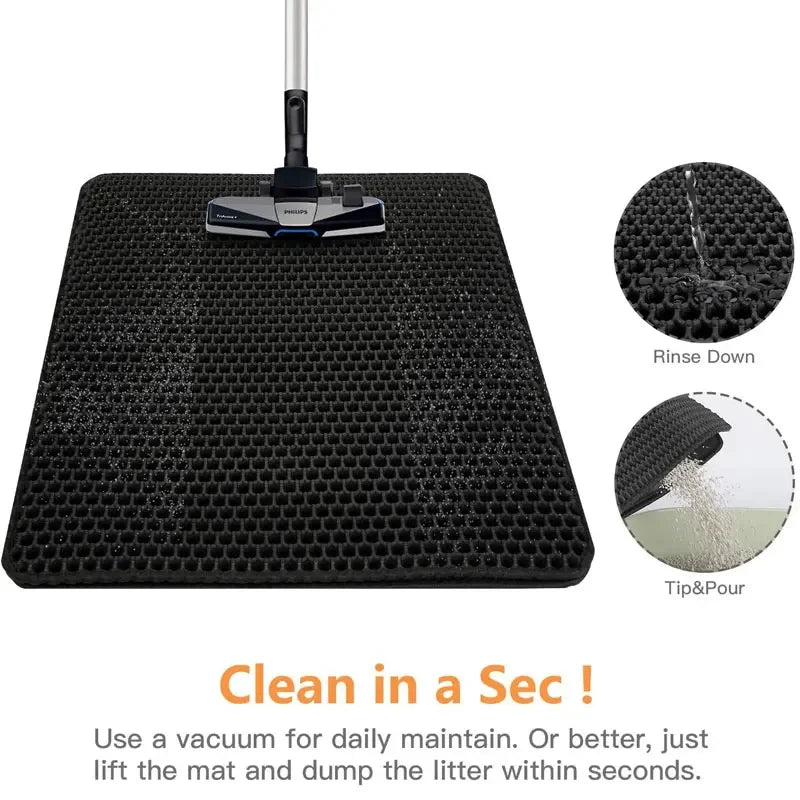 Cat litter mat with honeycomb design, non-slip surface, and a cat walking out of a litter box.