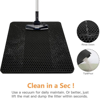 Cat litter mat with honeycomb design, non-slip surface, and a cat walking out of a litter box.