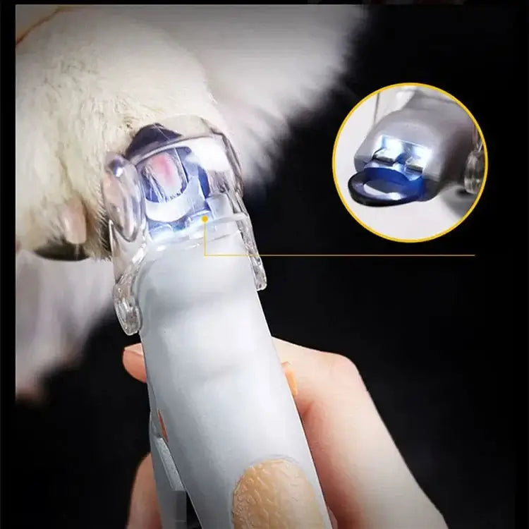 Pet nail clipper scissors with LED light shown in use, highlighting the safety feature for easy nail trimming.