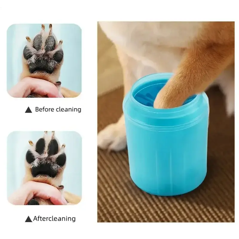 Pet paw wash cup showing before and after cleaning of a dog's paw.