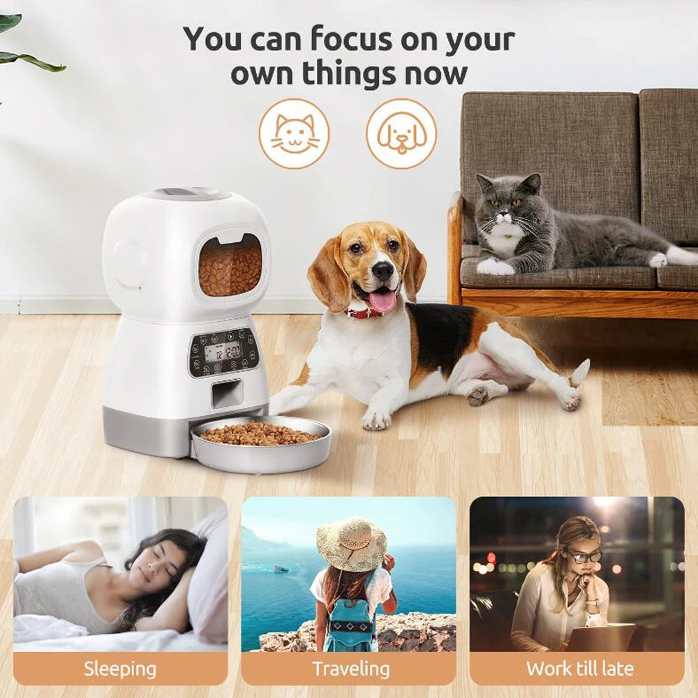 Automatic pet feeder for cats with LCD display and smartphone control, accompanied by a relaxed cat.