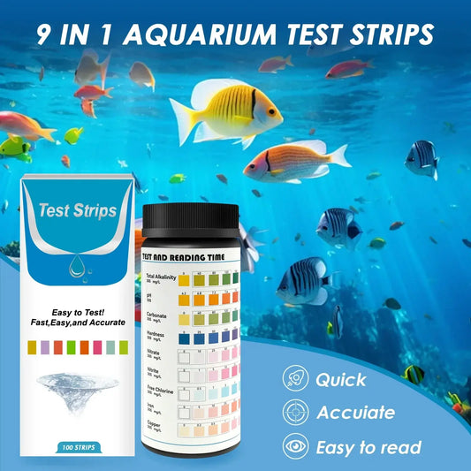 9-in-1 Aquarium Water Test Kit - 100 pH Strips with Tube for quick and accurate water quality monitoring.