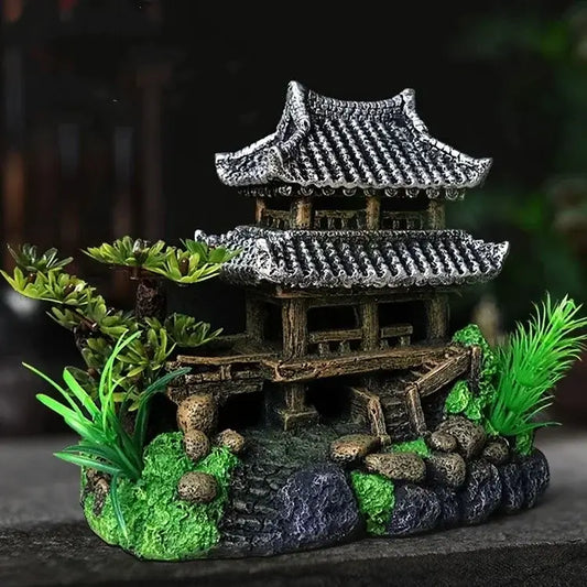 Resin Aquarium House Ornament - Fish Tank Landscape Model Featuring a detailed miniature house with greenery.