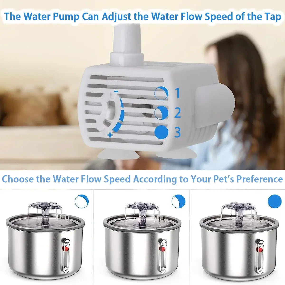 The water pump adjusts the flow speed of the Stainless Steel Pet Water Fountain – Automatic & Quiet for pets.