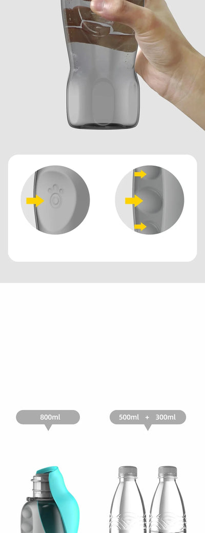 800ml portable dog water bottle for large dogs in green, blue, and pink, with a dog drinking water from it.