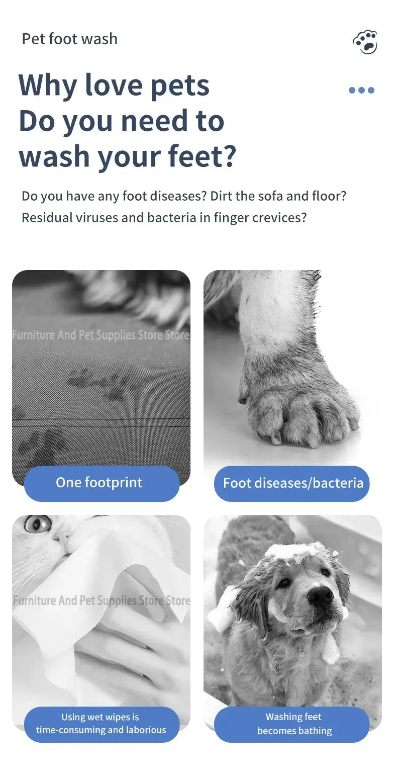Electric pet paw cleaner advertisement showing benefits like removing bacteria and cleaning pet paws.