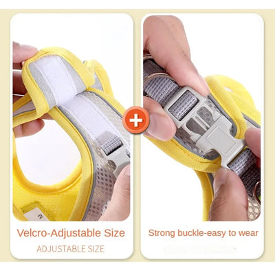 Pet reflective vest showing Velcro for adjustable size and strong buckle for easy wear.
