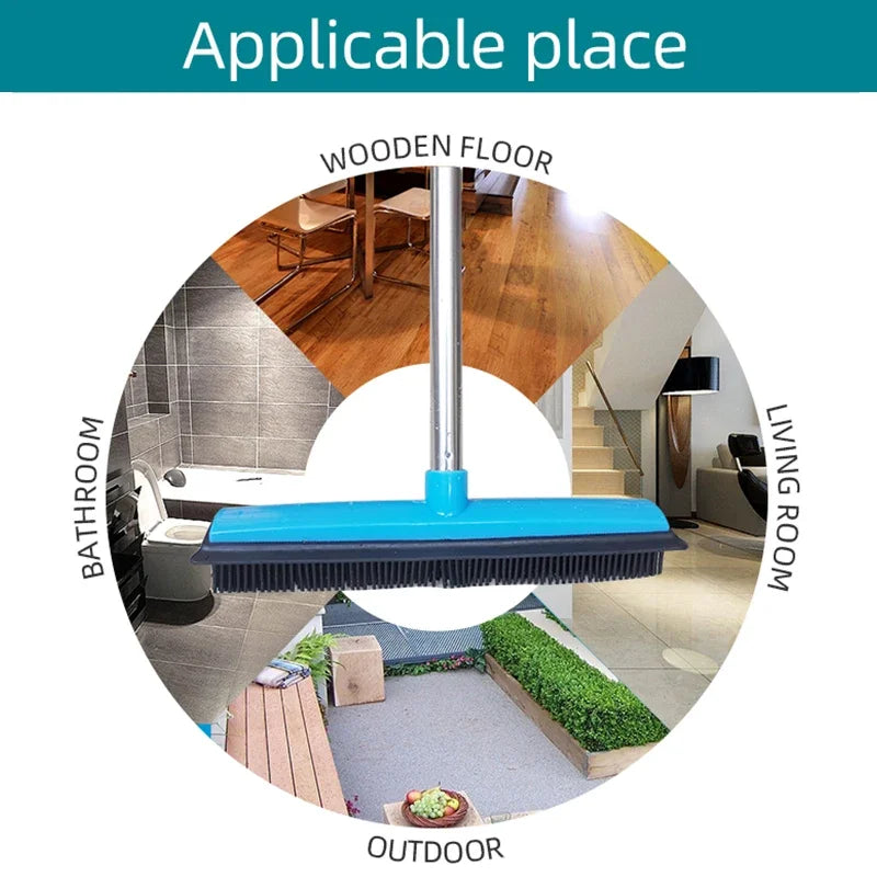 Rubber broom showing applicable places: bathroom, wooden floor, living room, and outdoor areas.