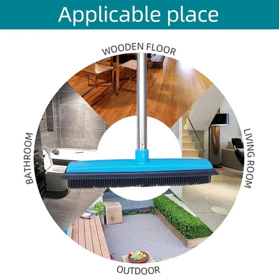 Rubber broom showing applicable places: bathroom, wooden floor, living room, and outdoor areas.