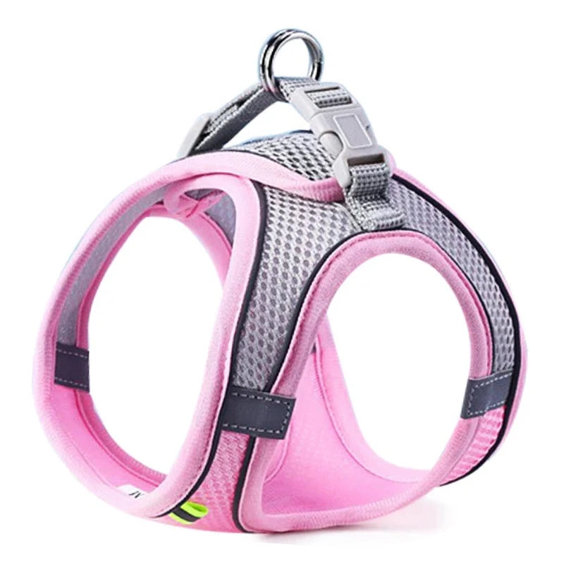 Top view of a burgundy reflective pet harness with mesh design for comfort and safety.