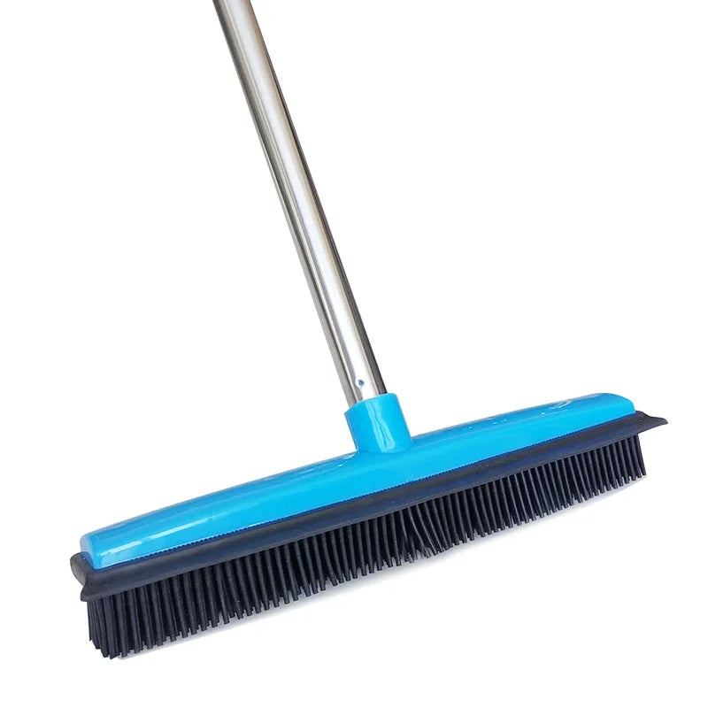 GUANYAO rubber broom features include a stainless steel handle, replaceable broom head, and soft rubber strip for pet hair removal.