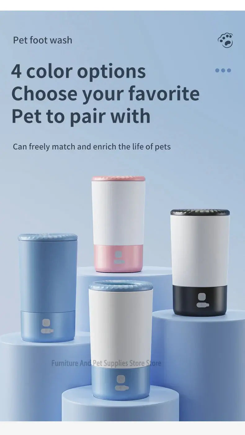 Electric pet paw cleaner in four color options for pets, designed to easily clean their paws.