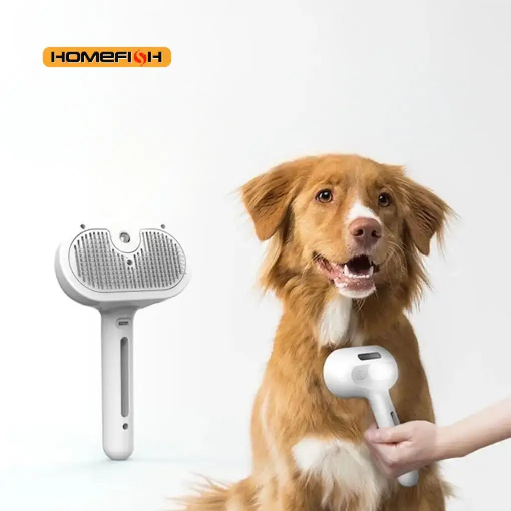 Steam dog brush for shedding being used on a golden retriever, showcasing effective grooming and dog care.