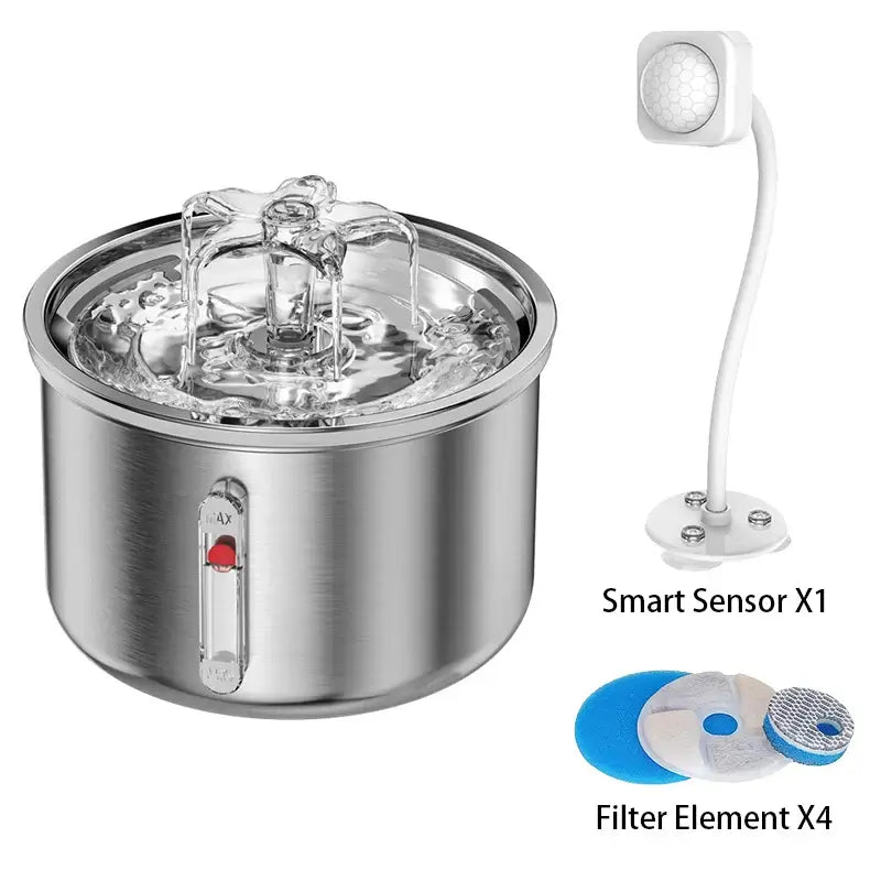Stainless Steel Pet Water Fountain – Automatic & Quiet with smart sensor and filter elements.
