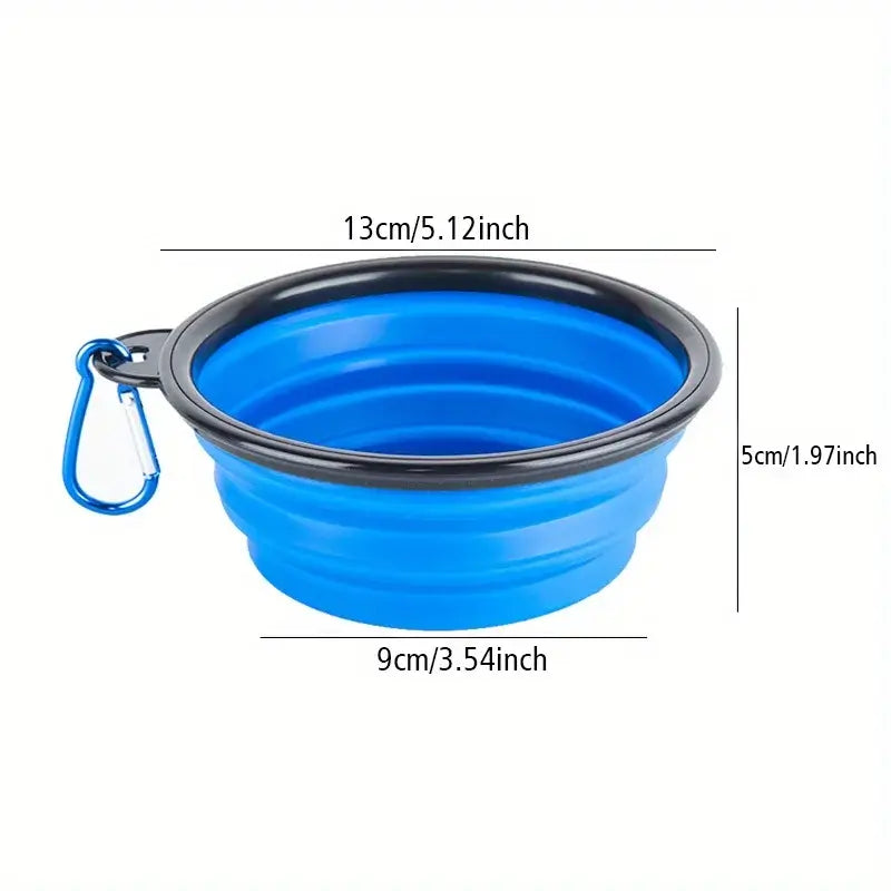 Folding dog bowl for camping, portable and lightweight, blue with dimensions, ideal for travel and outdoor use.