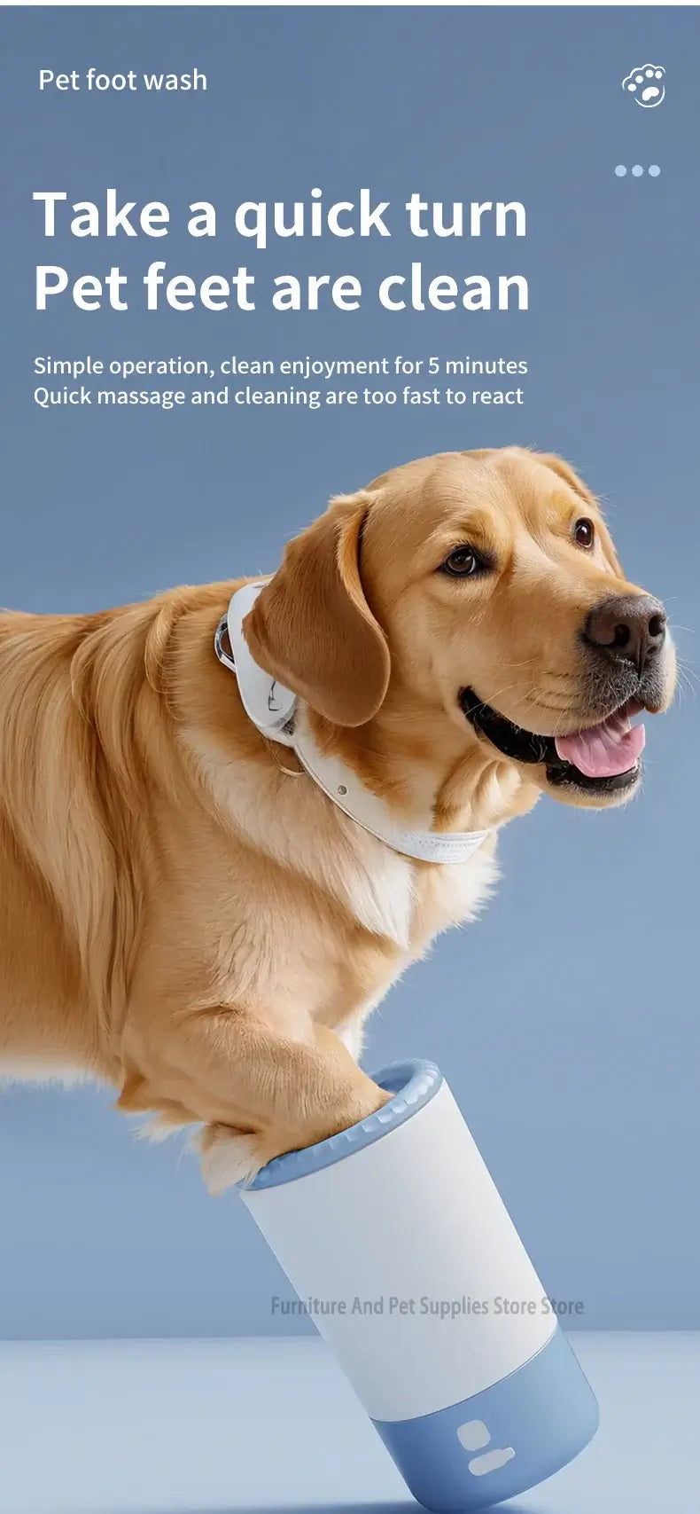 Electric pet paw cleaner being used on a dog, showcasing easy operation for clean pet paws.