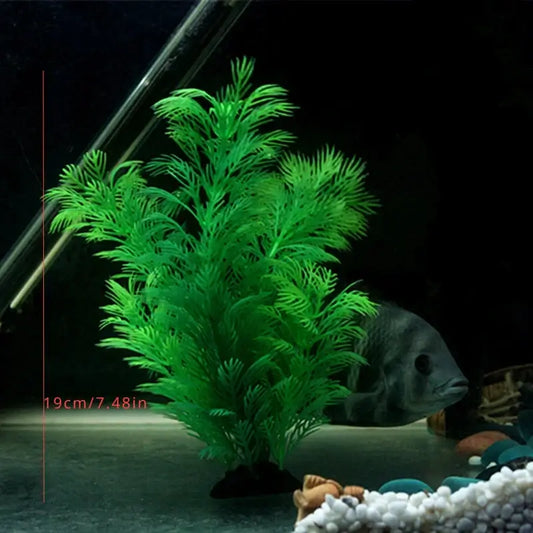 Artificial Aquarium Plants - Realistic Water Weed Decoration in an aquarium with a fish and decorative stones.