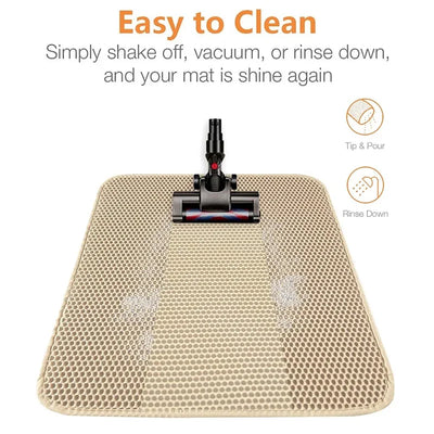 Cat litter mat with honeycomb design, non-slip surface, and a cat walking out of a litter box.