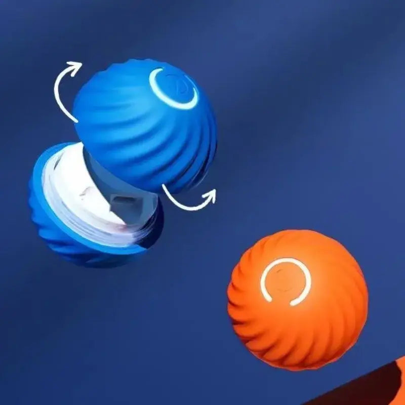 Interactive dog ball toy in blue and orange colors, showcasing its moving feature and USB rechargeable capability.