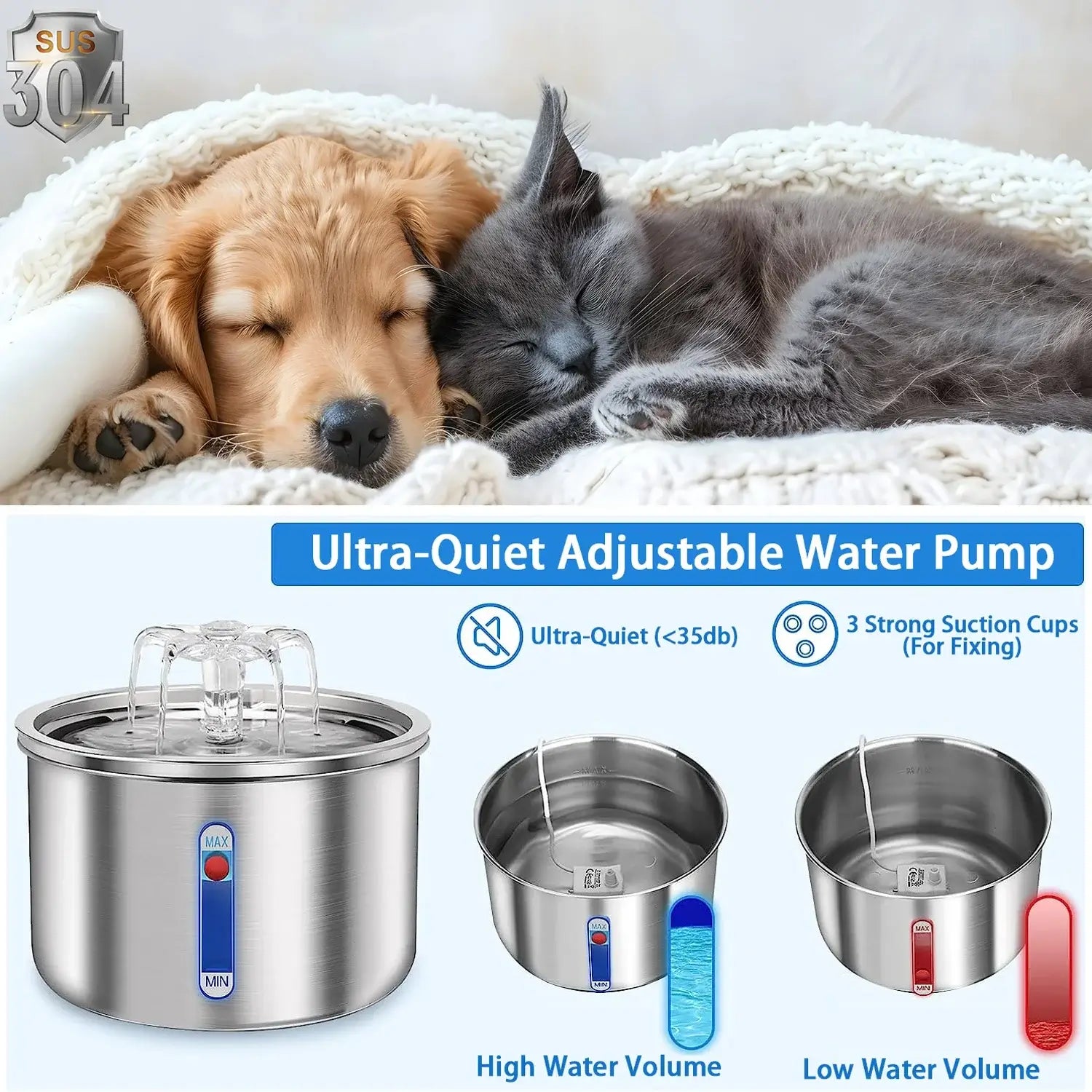 Stainless Steel Pet Water Fountain – Automatic & Quiet with ultra-quiet adjustable water pump and suction cups.